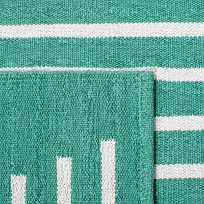 Handwoven Dark Green and Ivory Cotton Rectangular Rug 4' x 6'
