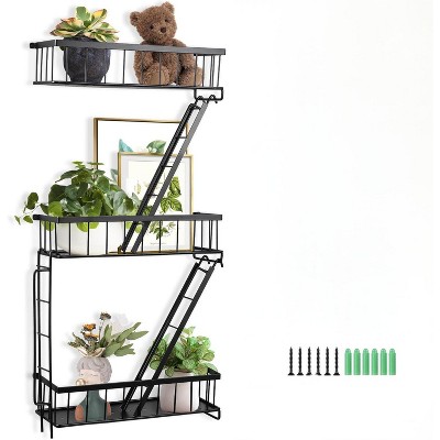 Attop Fire Escape Wall Shelf - New York Decorative Ladder Shelf, Wall Art Floating Shelf Black Metal Shelves