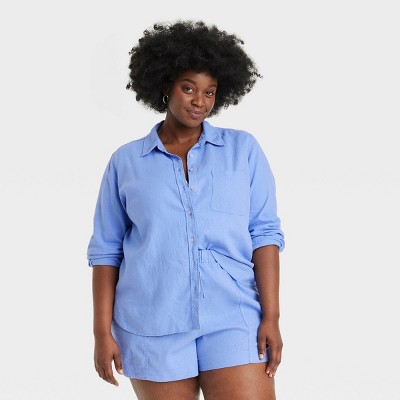 Women's Linen Long Sleeve Collared Button-Down Shirt - Universal Thread™ Blue 2X