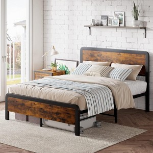 Vintage Brown Metal Platform Bed Frame with Wooden Headboard, Sturdy Slats, Safety Rounded Corners, Noise Free, Easy Assembly, No Box Spring Require - 1 of 4