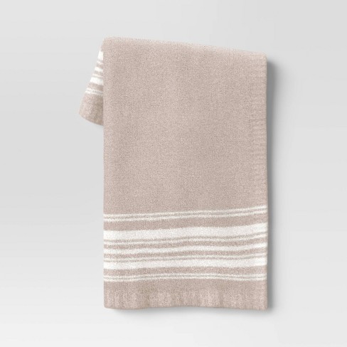 Cozy Feathery Knit Border Striped Throw Blanket Neutral Ivory Threshold