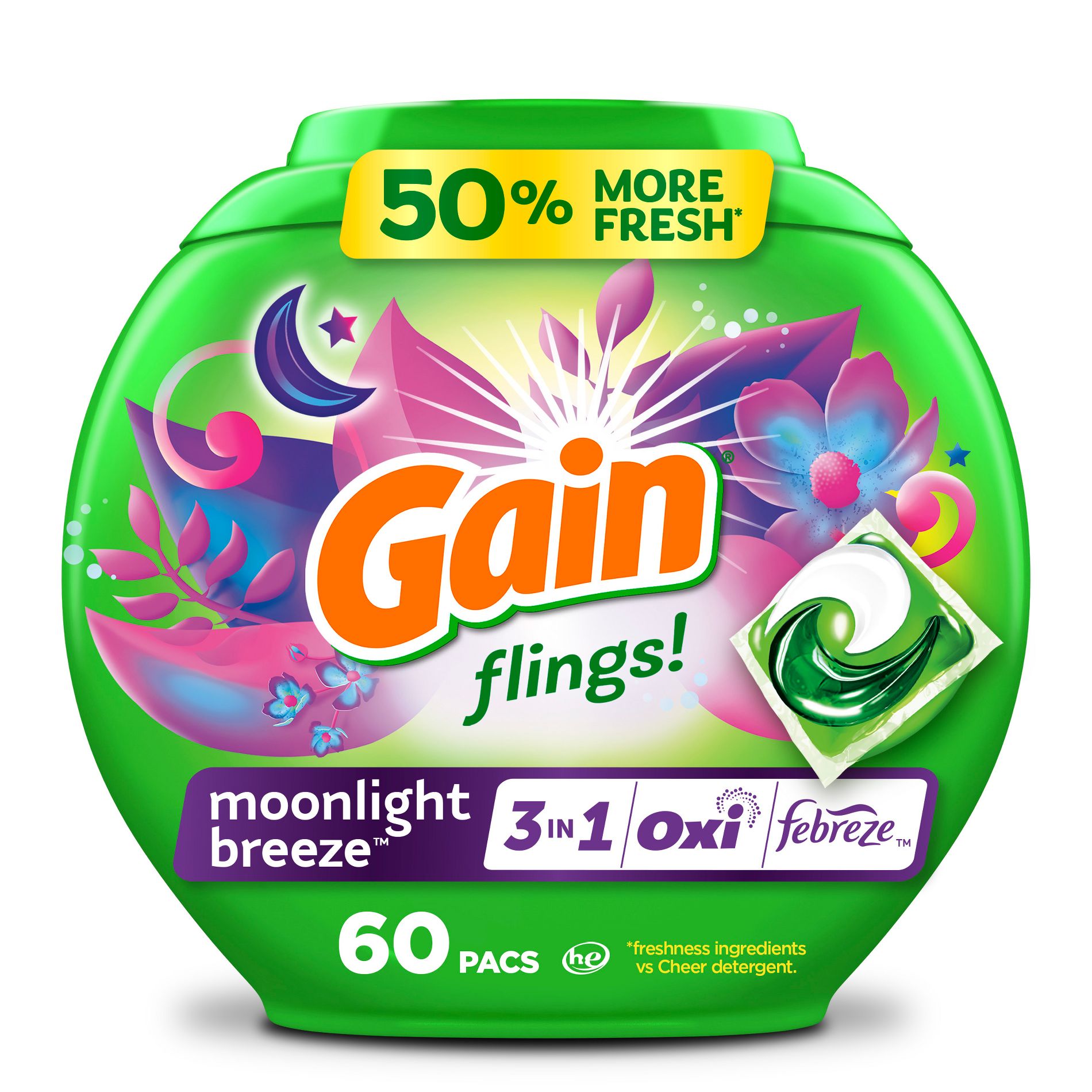 Gain Moonlight Breeze Flings Laundry Detergents - 60ct: Plastic Tub, Cold Water Detergent, Child-Resistant Packaging, Paraben-Free