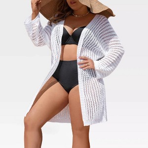 Women's Plus Size Beach Cover Ups - Crochet Knit Open Front Lightweight Cardigan, Long Cover Ups for Plus Size Women - 1 of 2