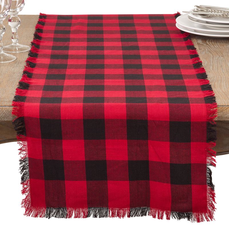 16&#34;x72&#34; Buffalo Plaid Classic Design Casual Fringed Cotton Table Runner Red - Saro Lifestyle, 1 of 4