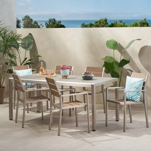 Cape Coral 7pc Aluminum Dining Set: Faux Wood & Tempered Glass - Christopher Knight Home - 1 of 4