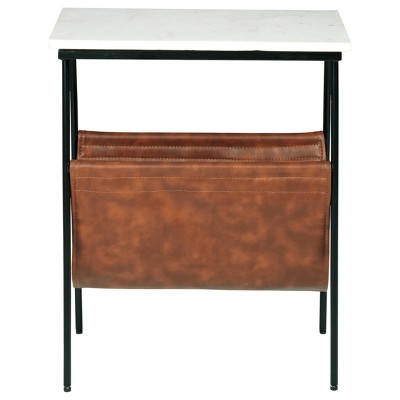 Transitional Black Metal & White Marble Side Table with Brown Faux Leather Magazine Holder
