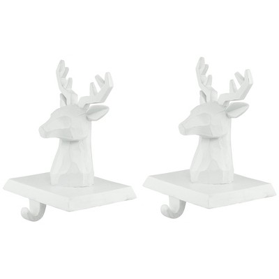 White Hand-Carved Reindeer Head Stocking Holders, Set of 2