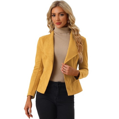 Allegra K Women's Faux Suede Lapel Draped Outwear Open Front Jacket Mustard  Medium