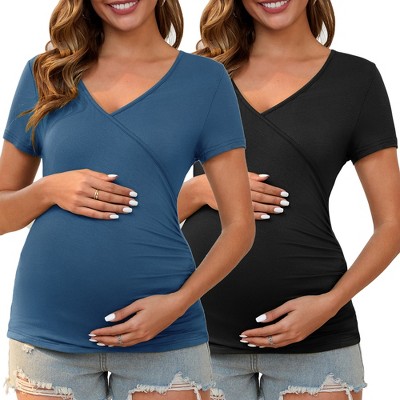 INSPIRE CHIC 2 Pcs Women's Soft Material Faux Wrap Side Ruched Cross V Neck Maternity Top