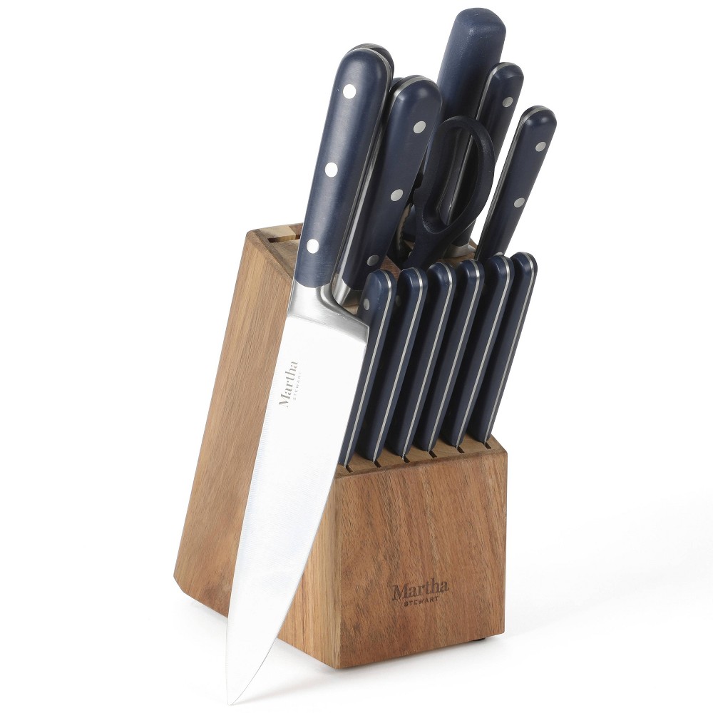 Photos - Bakeware Martha Stewart Eastwalk 14pc Stainless Steel Cutlery Set Acacia Wood Block 