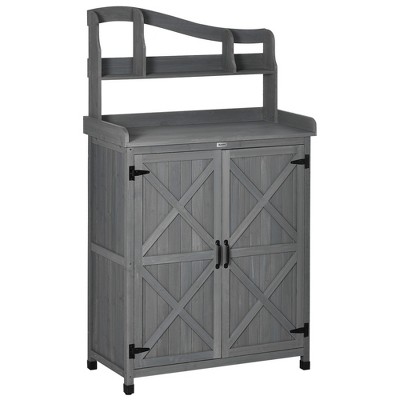 Outdoor Storage Cabinet & Potting Bench Table with Metal Top, Wooden Patio  Furniture, Garden Workstation