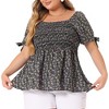Agnes Orinda Women's Plus Size Floral Square Neck Smocked Bow Tie Short Sleeve Peplum Blouses - 2 of 4