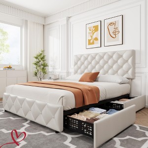 Full/QUEEN/KING  Size Bed Frame with 4 Storage Drawers and Adjustable Headboard Faux Leather Upholstered Platform Beds No Box Spring Needed - 1 of 4