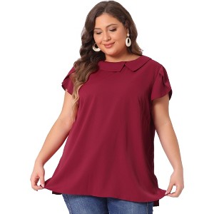Agnes Orinda Women's Plus Size Elegant Flutter Short Sleeve Boat Lapel Slipt Chiffon Blouse - 1 of 4