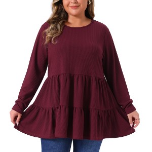 Agnes Orinda Women's Plus Size Casual Knit Babydoll Long Sleeve Peplum Blouse - 1 of 4