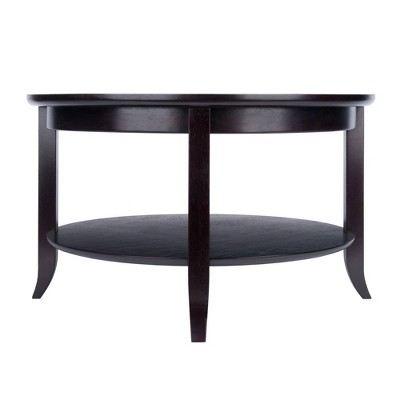 Espresso Round Wood and Glass Coffee Table with Shelf
