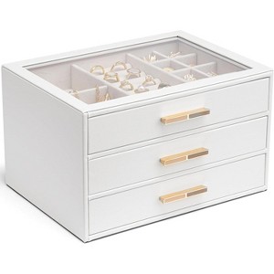 Jewelry Box for Women, Glass Lid Jewelry Organizer with 3 Drawers for Necklaces Rings Earrings Bracelets-White - 1 of 4