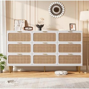 GAOMON 9 Rattan Drawer Dresser with Deep Storage & Wide Top,26.5''Tall Wood Frame Chest,Large Long Wooden Dresser for Home,White - 1 of 4