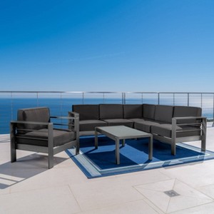 Cape Coral 5pc Aluminum Sofa Set with Cushions: Sectional Chat & Glass Table - Christopher Knight Home - 1 of 4