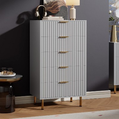 Fluted 5-Drawer Tall Dresser, Modern Wooden Storage Chest with Deep Drawers & Wide Top, Bedroom Organizer for Living Room, Hallway, Kids' Room