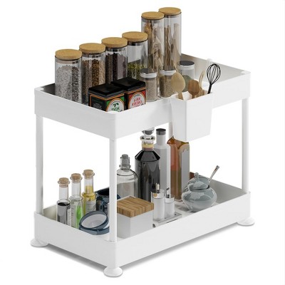 White Two-Tier Under Sink Organizer with Utility Hooks