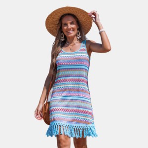 Women's Vibrant Fringe Striped Mini Beach Dress -Cupshe - 1 of 4