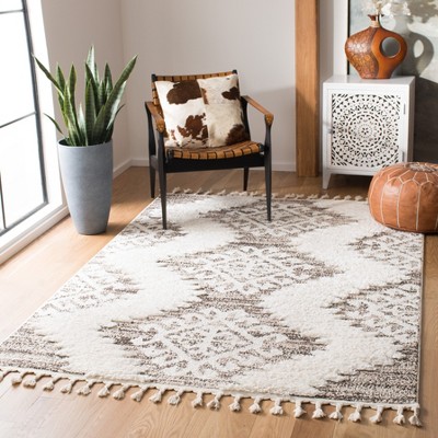 Ivory and Brown Diamond Shag 4' x 6' Synthetic Area Rug