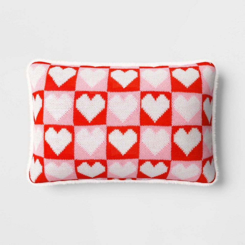 (set of 2) Valentine's Day Knit Checkered Hearts Lumbar Throw Pillow Pink/Red/White - Room Essentials™