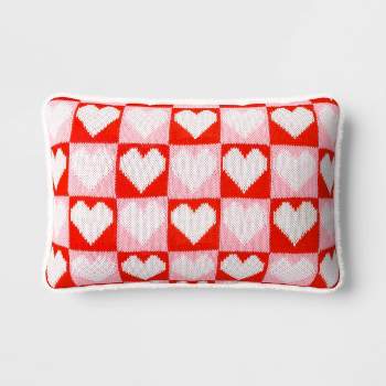 Valentine's Day Knit Checkered Hearts Lumbar Throw Pillow Pink/Red/White - Room Essentials™