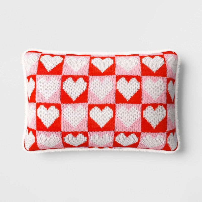 Valentine&#39;s Day Knit Checkered Hearts Lumbar Throw Pillow Pink/Red/White - Room Essentials&#8482;, 1 of 8