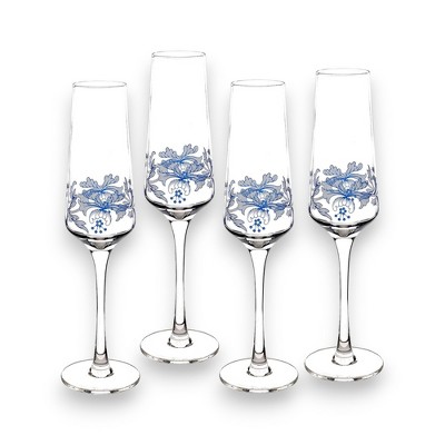 Blue Italian 8 oz Glass Champagne Flutes, Set of 4