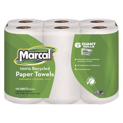 Marcal 100% Premium Recycled Kitchen Roll Towels, 2-Ply, 11 x 5.5, White, 140/Roll, 6 Rolls/Pack