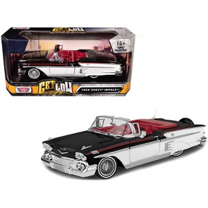 1958 Chevrolet Impala Convertible Lowrider Black and White with Red Interior "Get Low" Series 1/24 Diecast Model Car by Motormax - 1 of 3