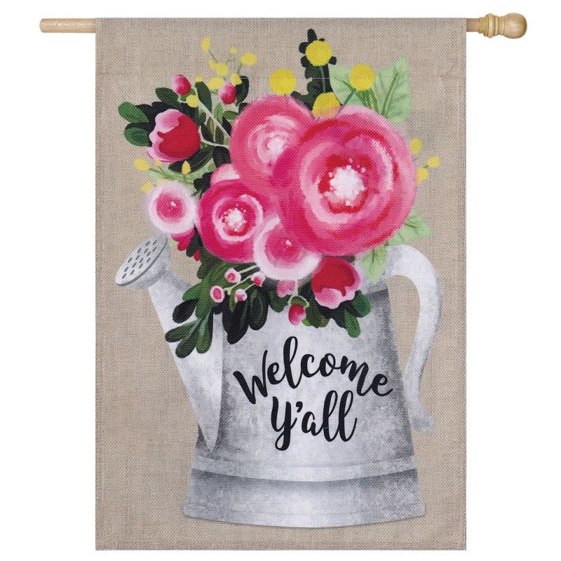 Welcome Y'all Floral Watering Can Burlap Flag