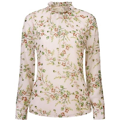 Hobemty Women's Ruffled Collar Pleated Front Long Sleeve Floral Blouse ...