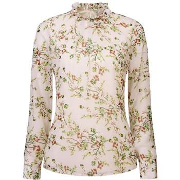 Hobemty Women's Ruffled Collar Pleated Front Long Sleeve Floral Blouse