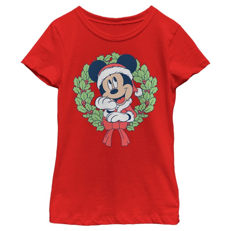 Girl's Disney Mickey Mouse Christmas Wreath T-Shirt, 1 of 6