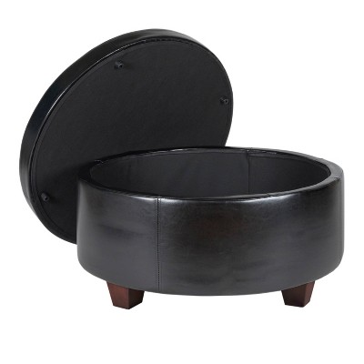 Winston Large Round Tufted Storage Ottoman in Faux Leather Black