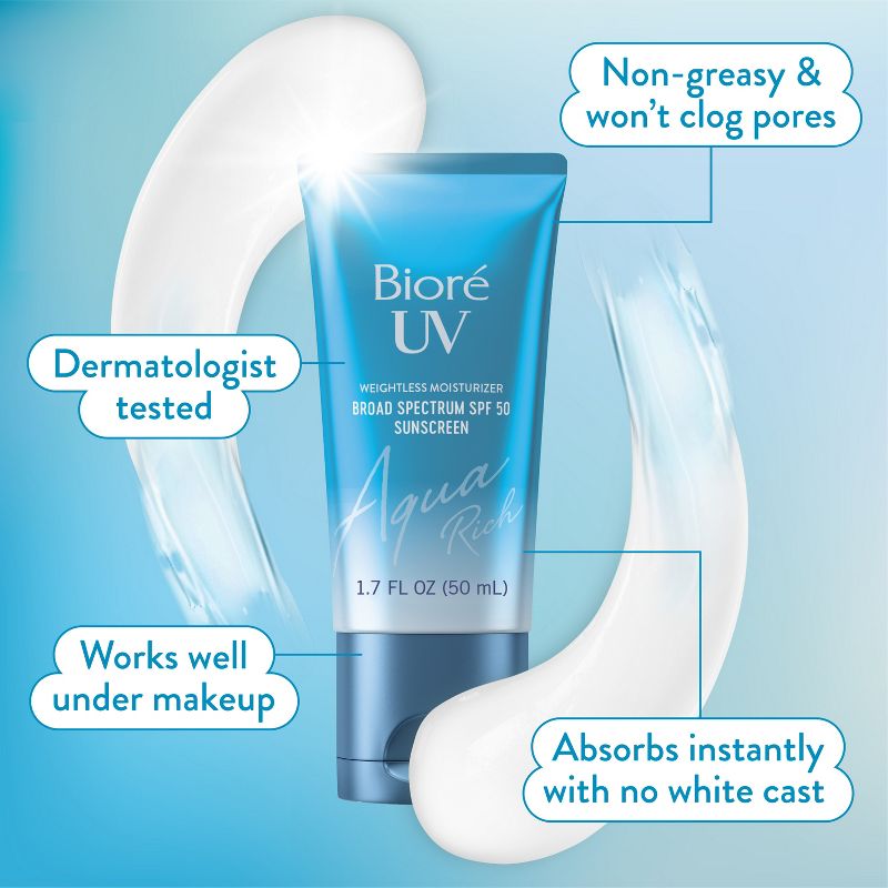 Biore UV Aqua Rich Dermatologist Tested, Vegan &#38; Cruelty Free Moisturizing Face Sunscreen for Sensitive Skin - SPF 50 - 1.7 fl oz/3pk, 3 of 7
