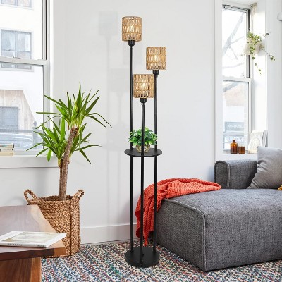 KTMBDW Floor Lamp with Shelves, Modern Standing Lamp with 3 Color Temperature Bulb for Living Room and Bedroom, Black & Natural