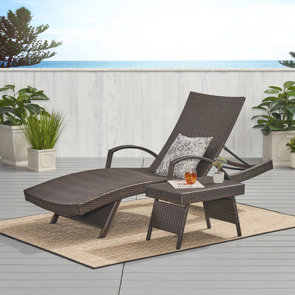 Salem 2 Piece Wicker Adjustable Chaise Lounge with Arms and Table - Brown - Christopher Knight Home