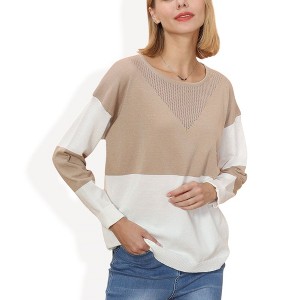 Anna-Kaci Women's Long Sleeve Color Block Pullover Top with Ribbed Crew Neck and Relaxed Fit - 1 of 4