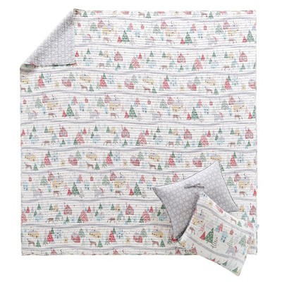 Full White Cotton Reversible Christmas Quilt Set