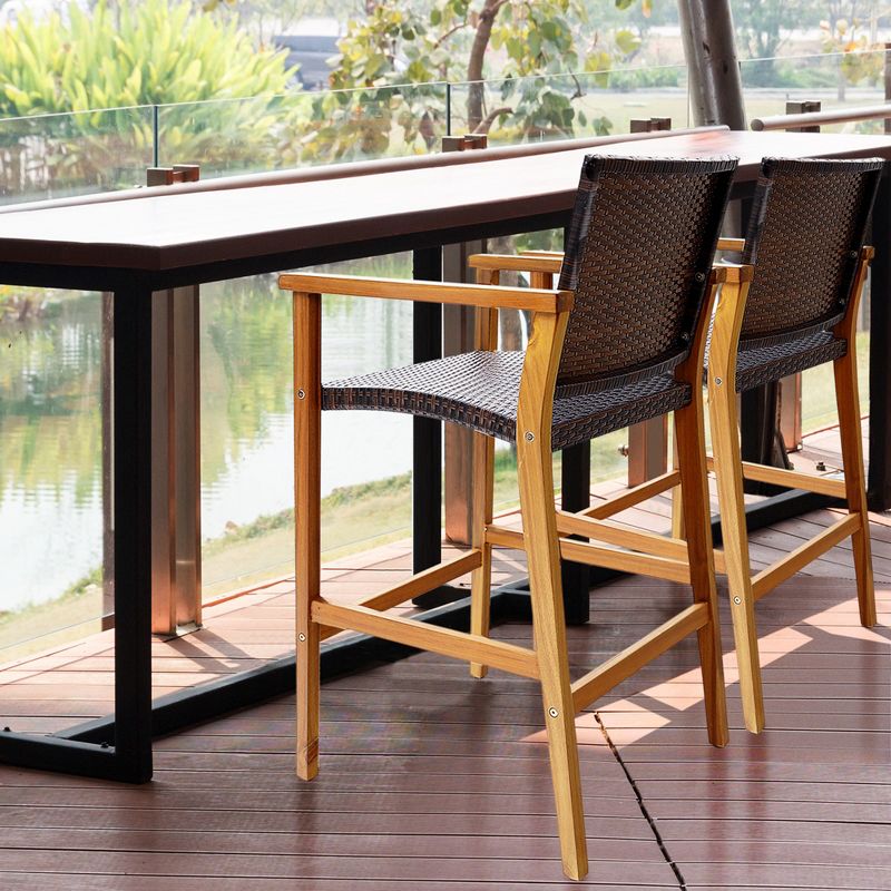 Costway 2PCS/4PCS Patio PE Wicker Bar Chairs Height Barstools with Acacia Wood Armrests Balcony, 2 of 10