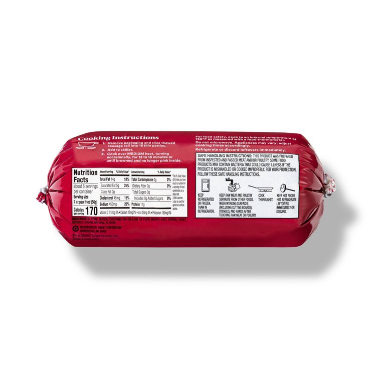 A red colored sausage package with visible cooking instructions and nutrition facts label.