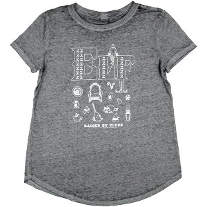 Seven Times Six Elf Holiday Favorite Womens' Raised By Elves Rounded Hem Burnout T-Shirt Adult Grey - 1 of 3