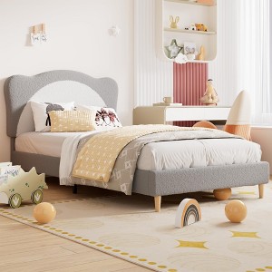 Upholstered Bed Frame for Kids - with Adjustable Scallop Headboard, Cute Velvet Princess Platform Bed, Solid Wood Slats Support, No Box Spring Needed - 1 of 4