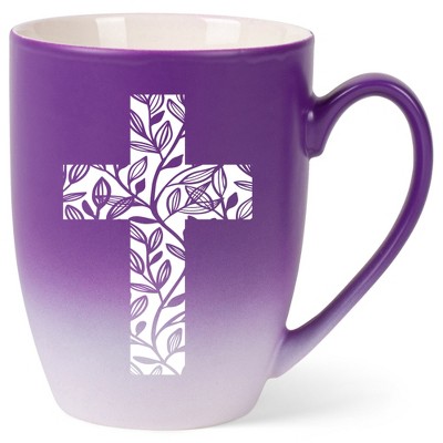 Elanze Designs Cross Leaf Two Toned Ombre Matte Purple and White 12 ounce Ceramic Stoneware Coffee Cup Mug