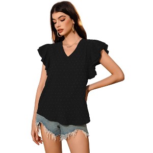 Women Tops for Summer Fashion Trendy Cap Sleeve V Neck Swiss Dot Chiffon Blouse Flowy Loose Fitting Teen T-Shirt - 1 of 1