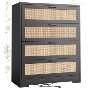 Jojoka 4 Drawer Chest of Drawers with Rattan Panels and Wood Top, Slim Storage Dresser for Bedroom and Entryway - 1 of 4
